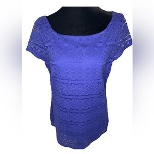 Banana republic lace overlay ladies side zip‎ pullover blouse navy blue size 12